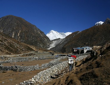 Machhermo valley and Mt Cho Oyu on background